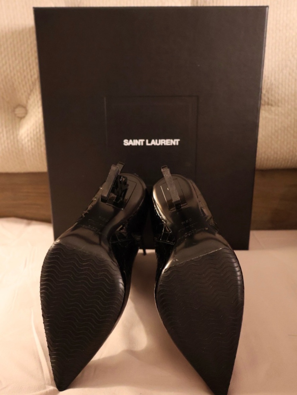 Saint Laurent Black Croc-Embossed Patent Leather YSL-Heel Ankle Boots - Picture 3 of 6